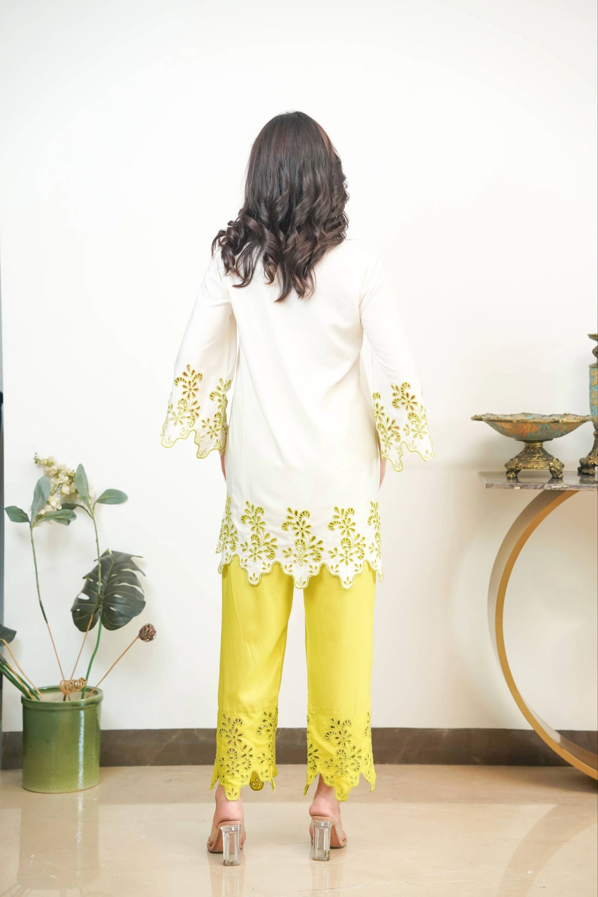 Off-White & Lime Green Cut-Work Set