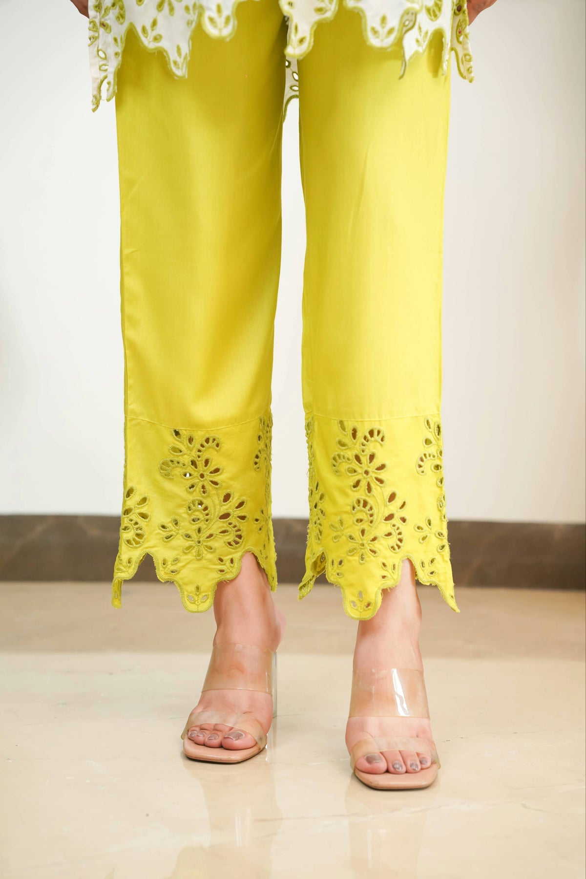 Off-White & Lime Green Cut-Work Set