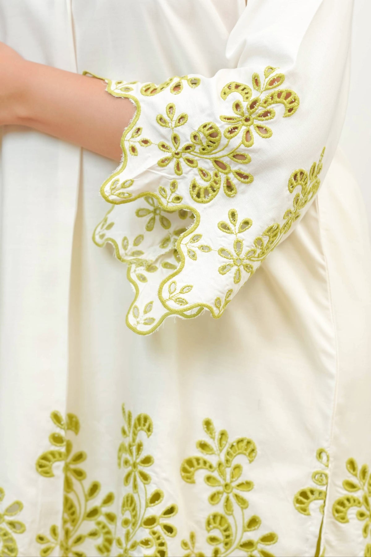 Off-White & Lime Green Cut-Work Set