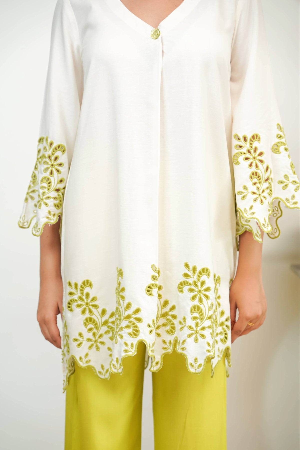 Off-White & Lime Green Cut-Work Set