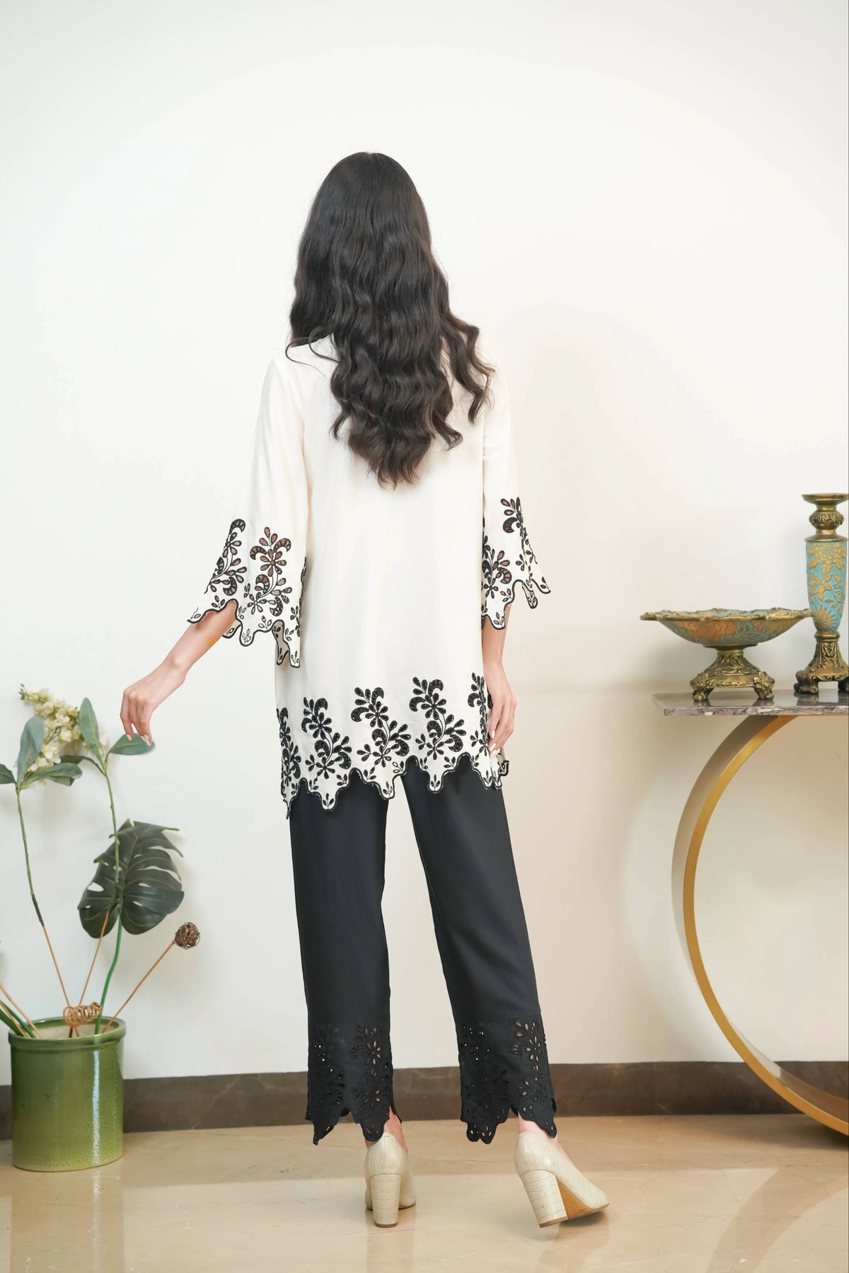 Off-White & Black Cut-Work Set