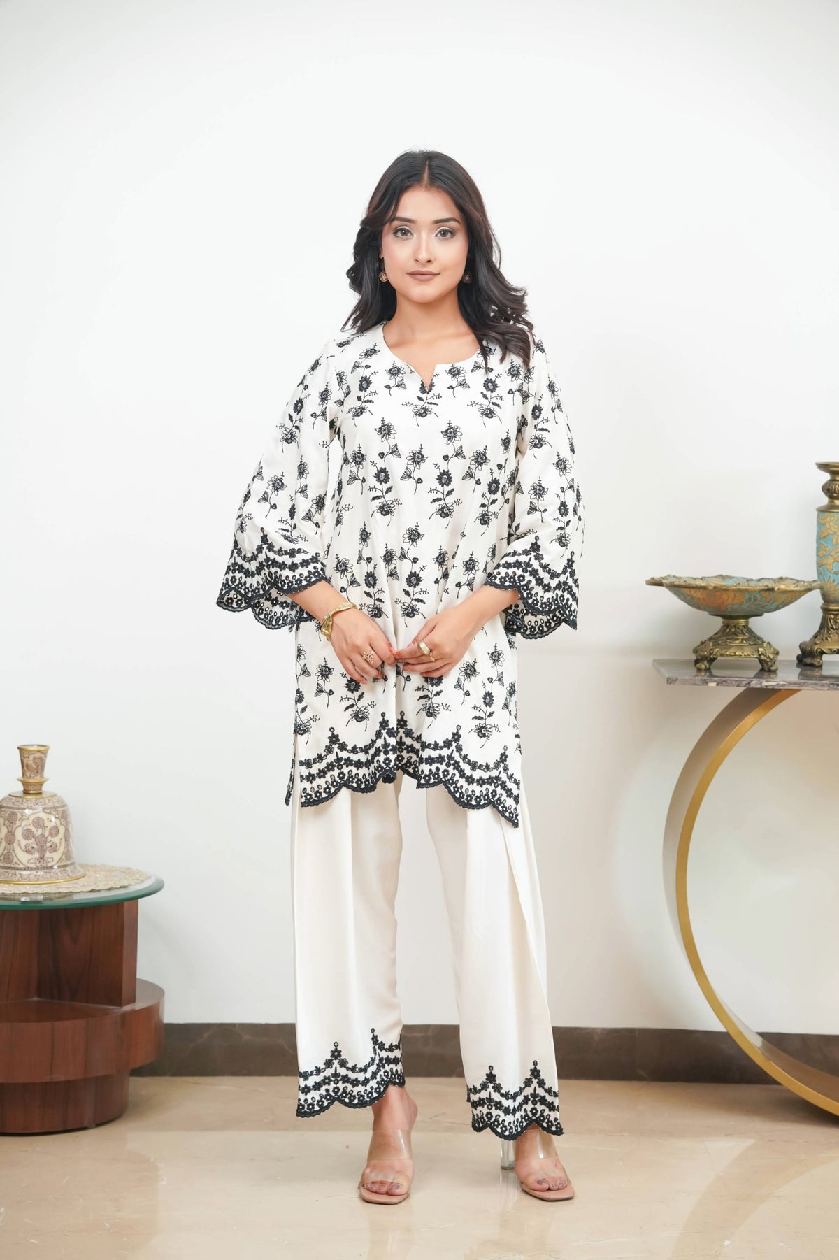 Off-White & Black Cut-Work Farshi Set