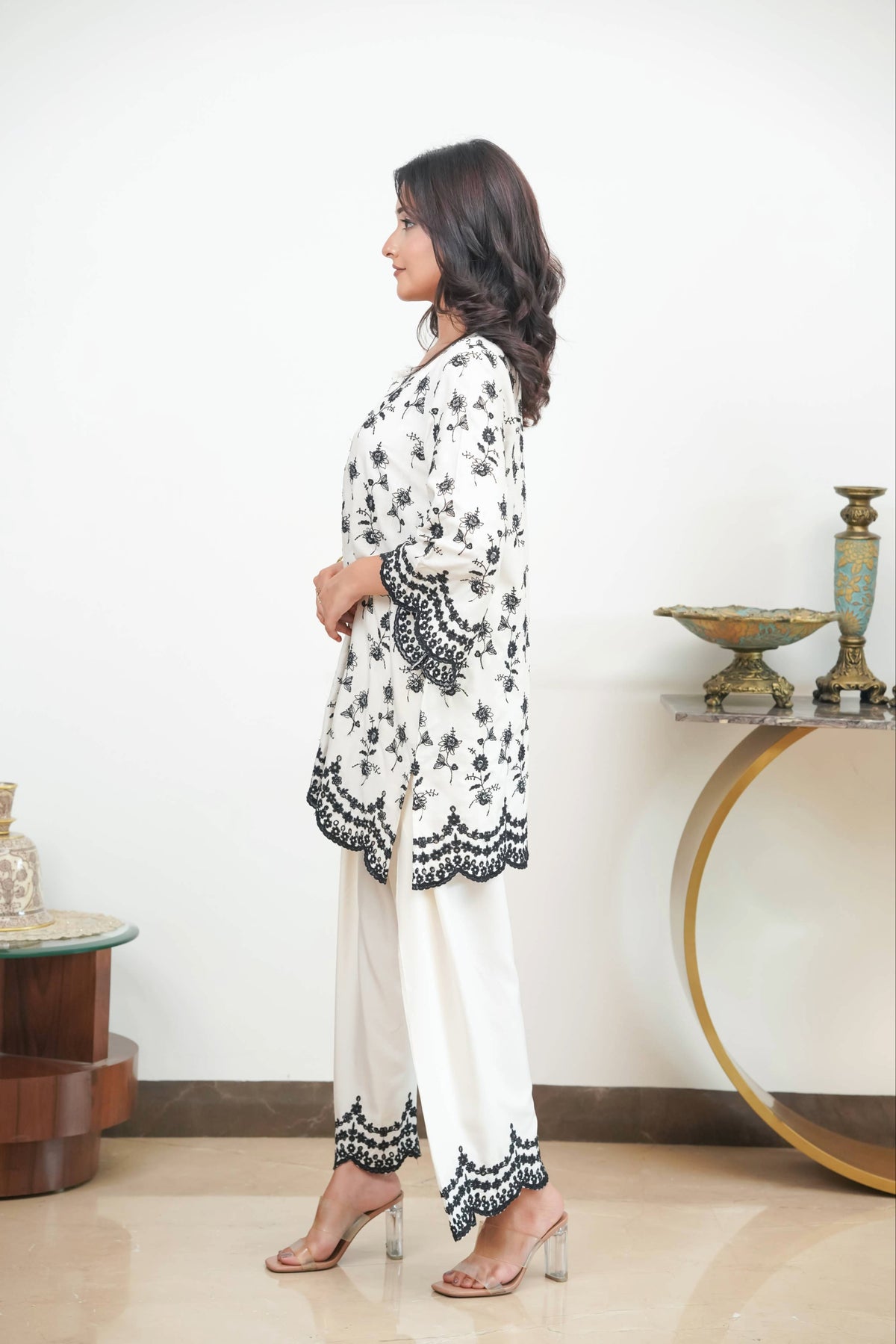 Off-White & Black Cut-Work Farshi Set