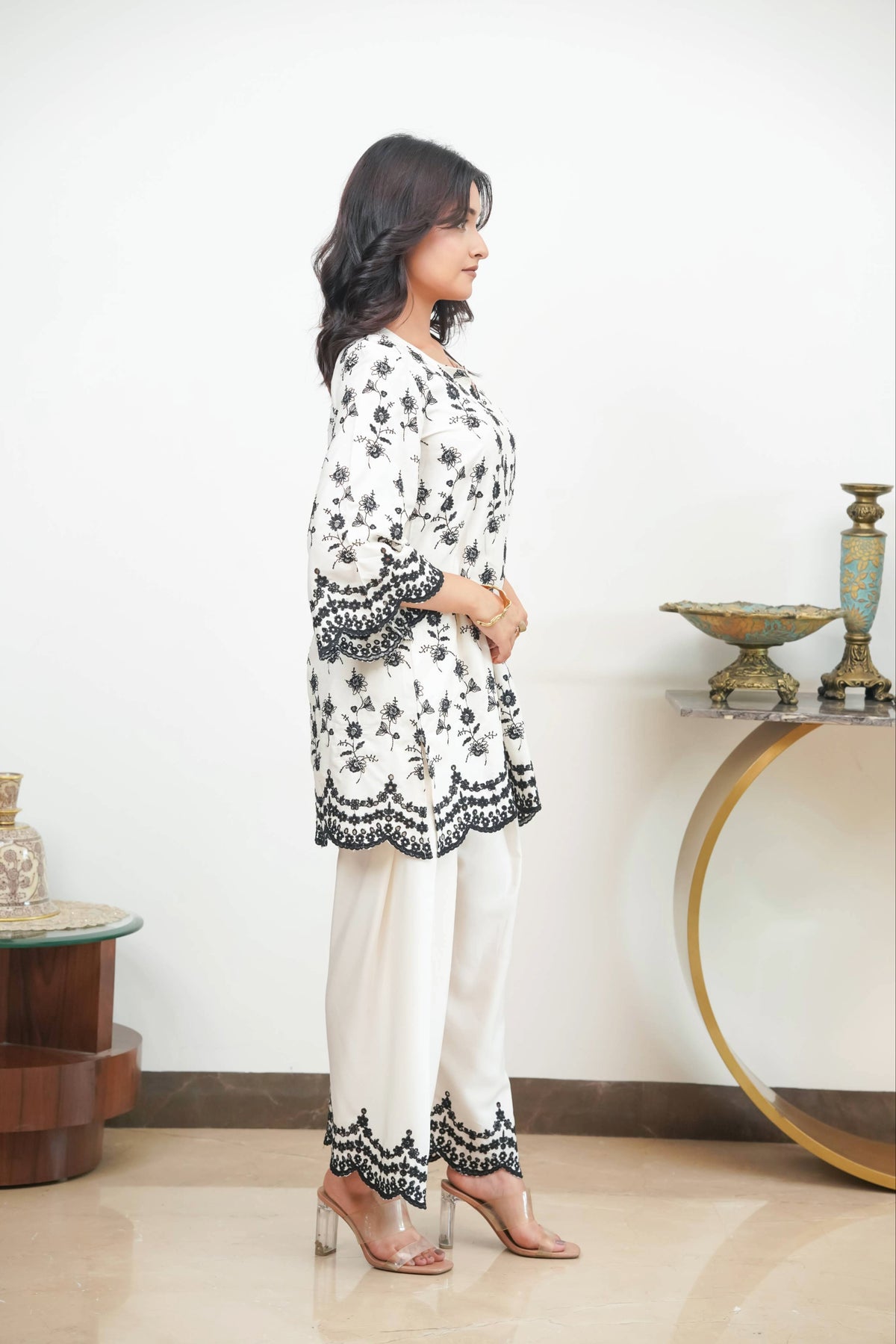 Off-White & Black Cut-Work Farshi Set