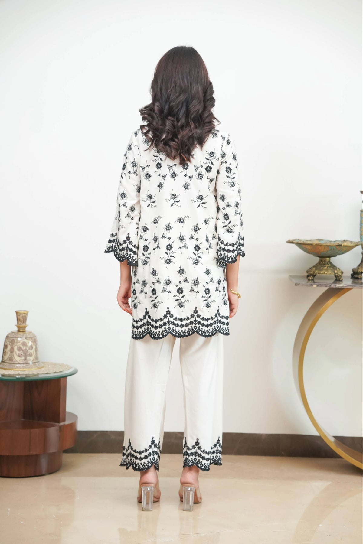 Off-White & Black Cut-Work Farshi Set