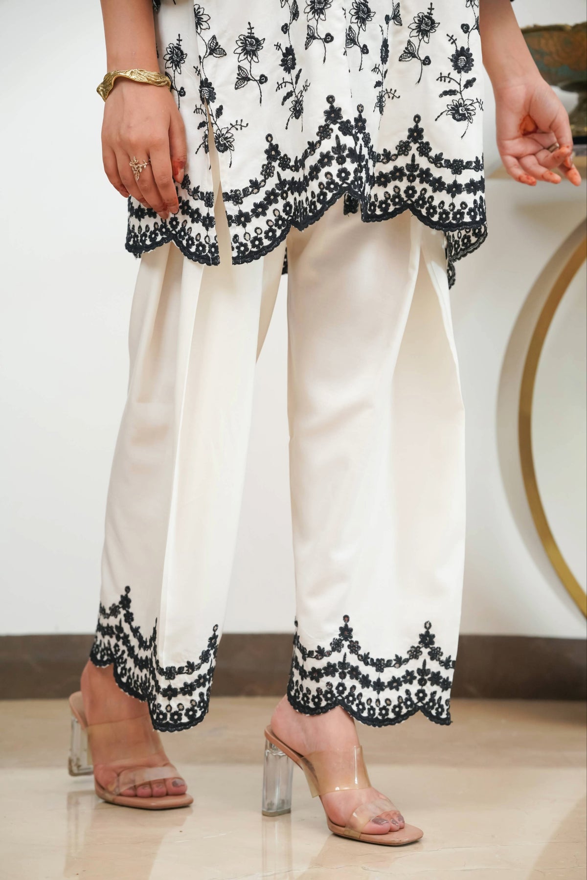 Off-White & Black Cut-Work Farshi Set