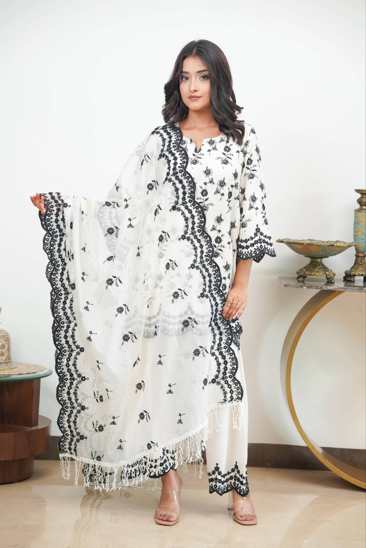 Off-White & Black Cut-Work Farshi Set