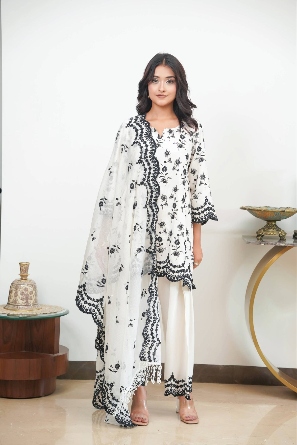 Off-White & Black Cut-Work Farshi Set