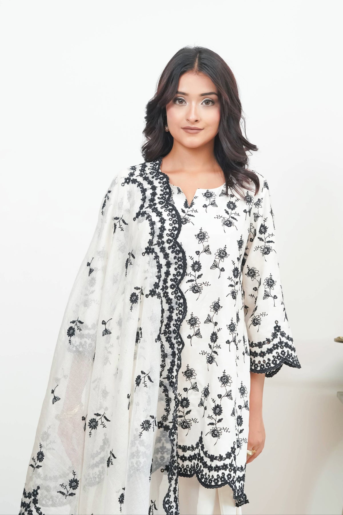 Off-White & Black Cut-Work Farshi Set