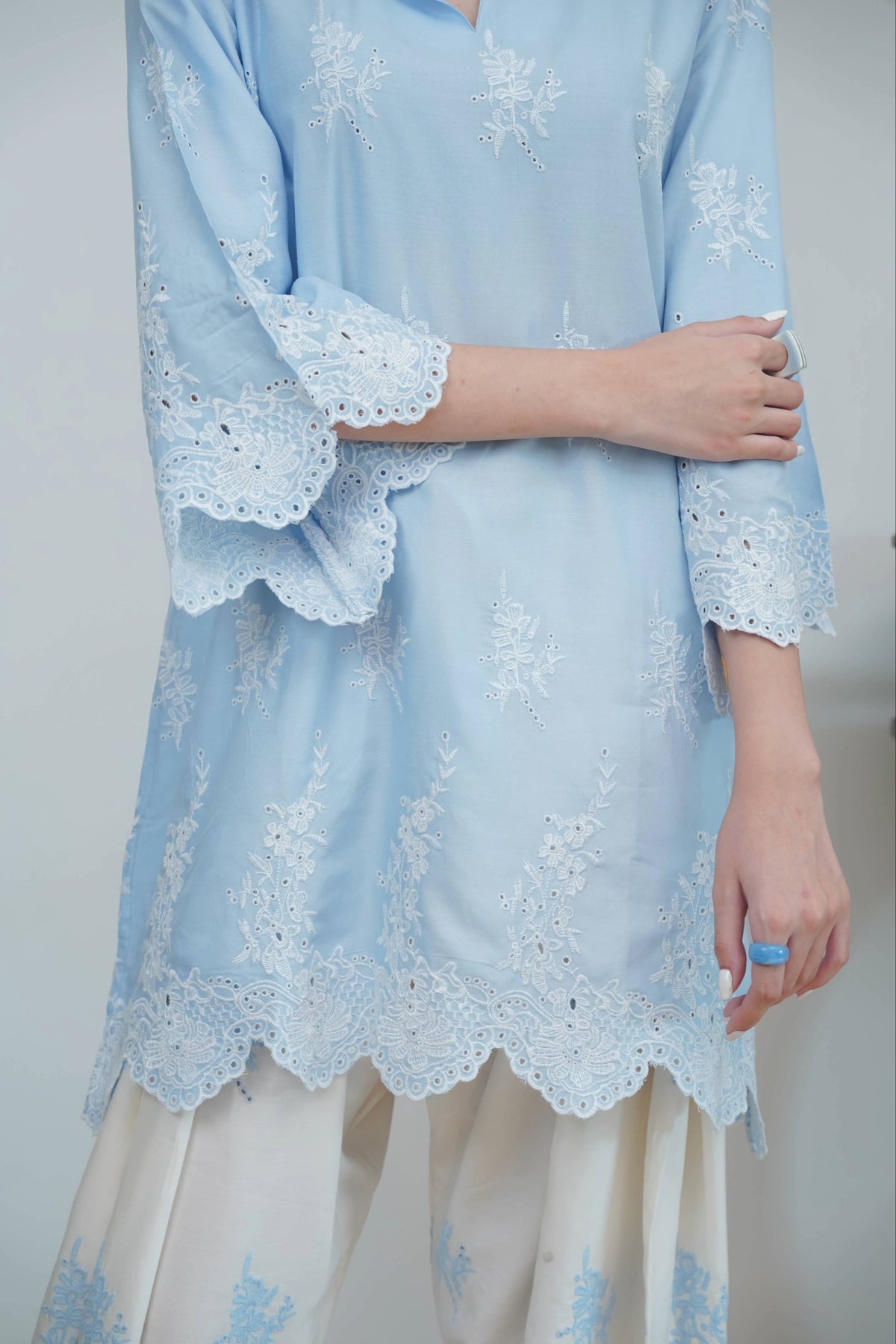 Powder Blue Cut-Work Farshi Set