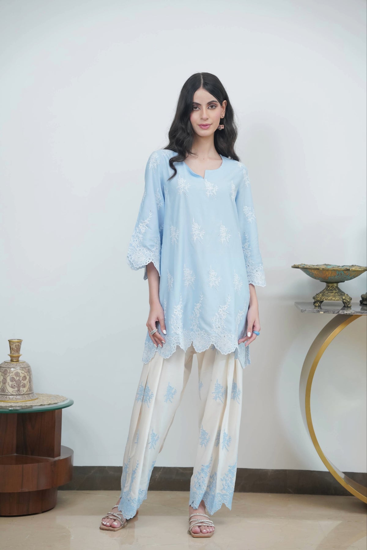 Powder Blue Cut-Work Farshi Set