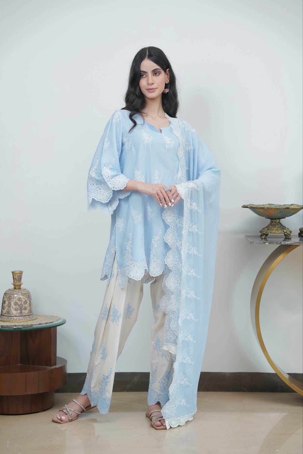 Powder Blue Cut-Work Farshi Set