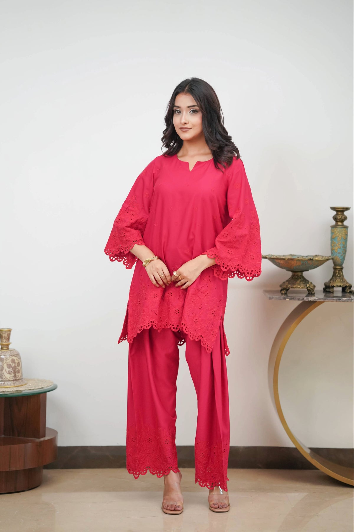 Crimson on Crimson Cut-Work Farshi Set