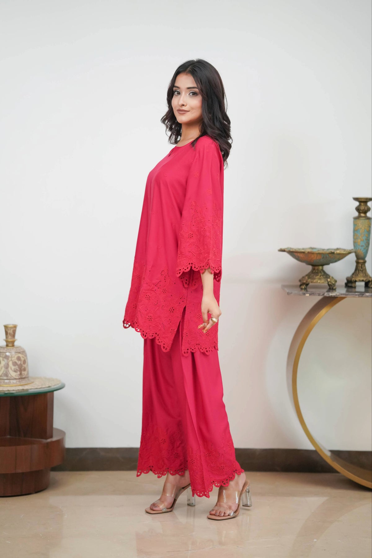 Crimson on Crimson Cut-Work Farshi Set
