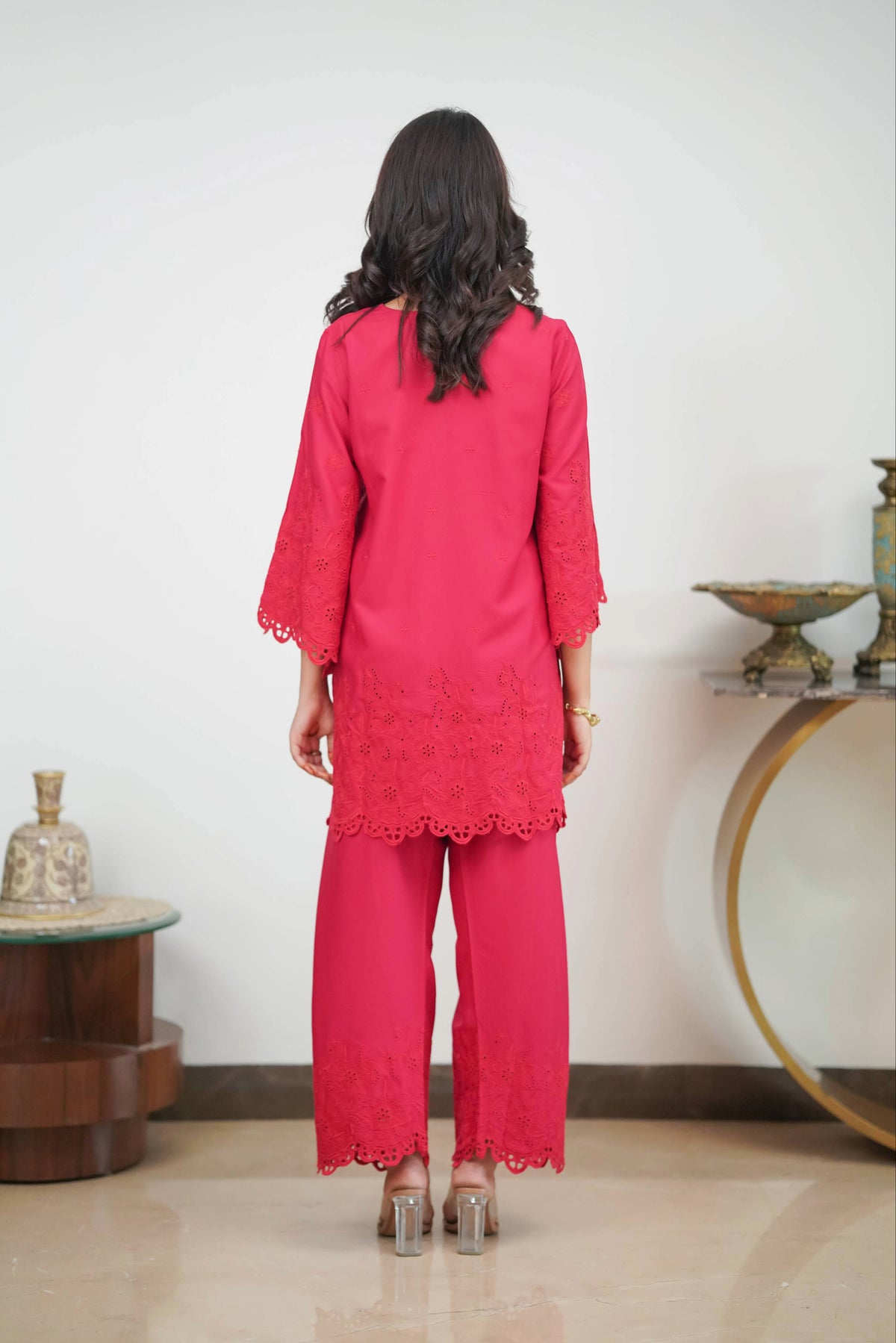 Crimson on Crimson Cut-Work Farshi Set