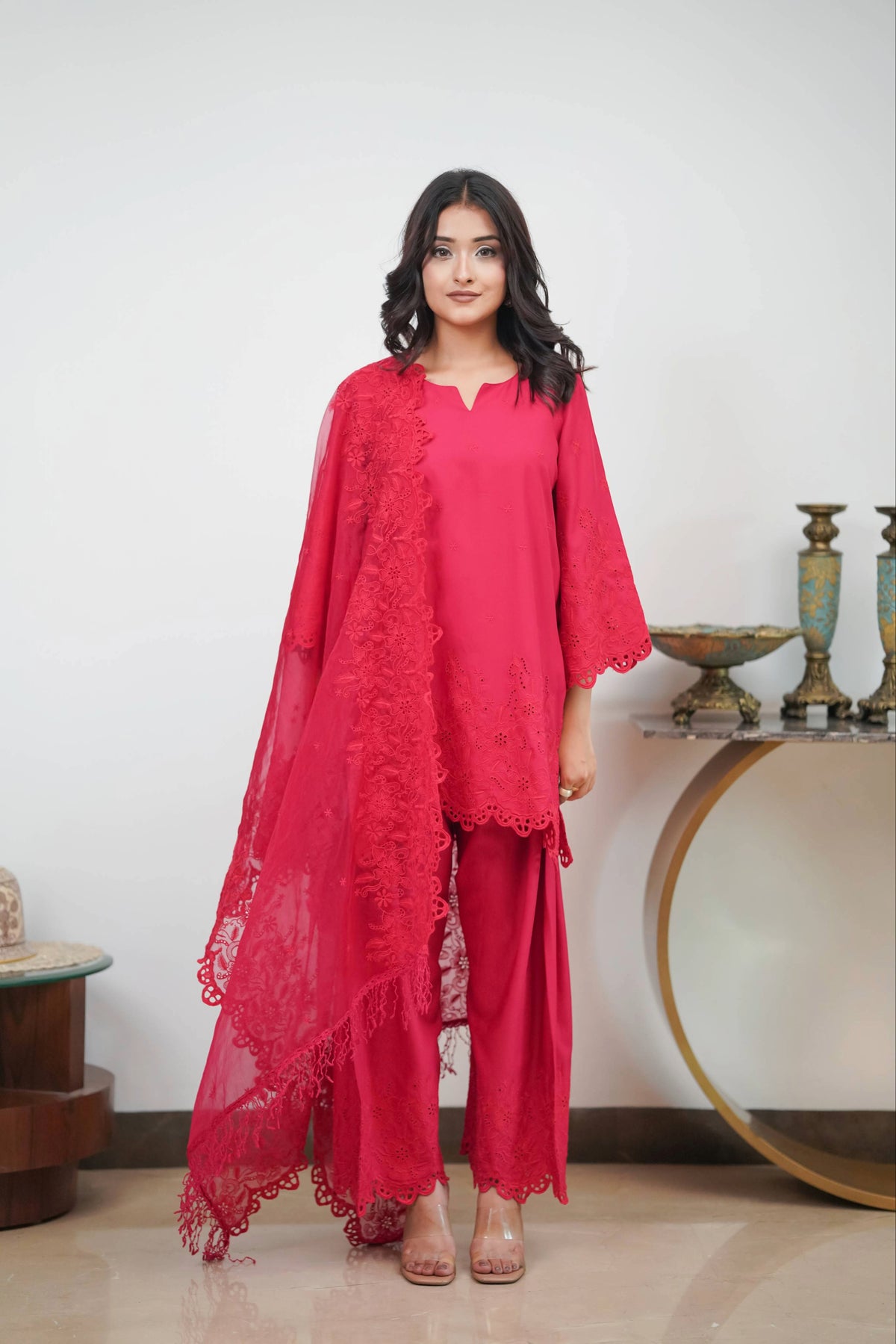 Crimson on Crimson Cut-Work Farshi Set
