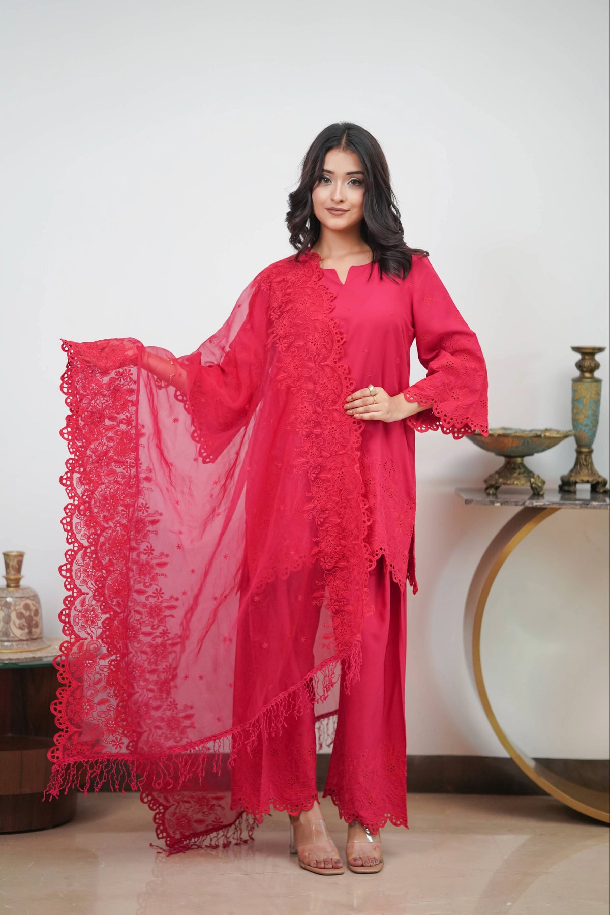 Crimson on Crimson Cut-Work Farshi Set