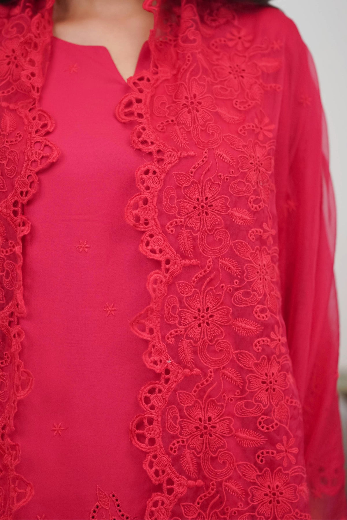 Crimson on Crimson Cut-Work Farshi Set