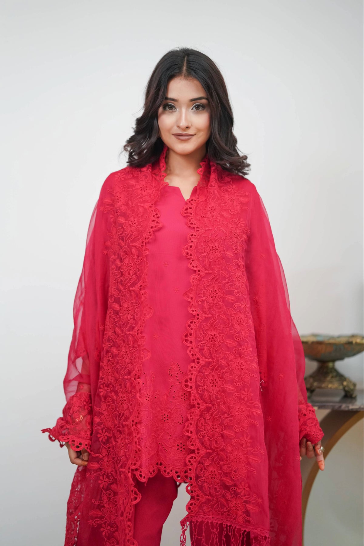 Crimson on Crimson Cut-Work Farshi Set