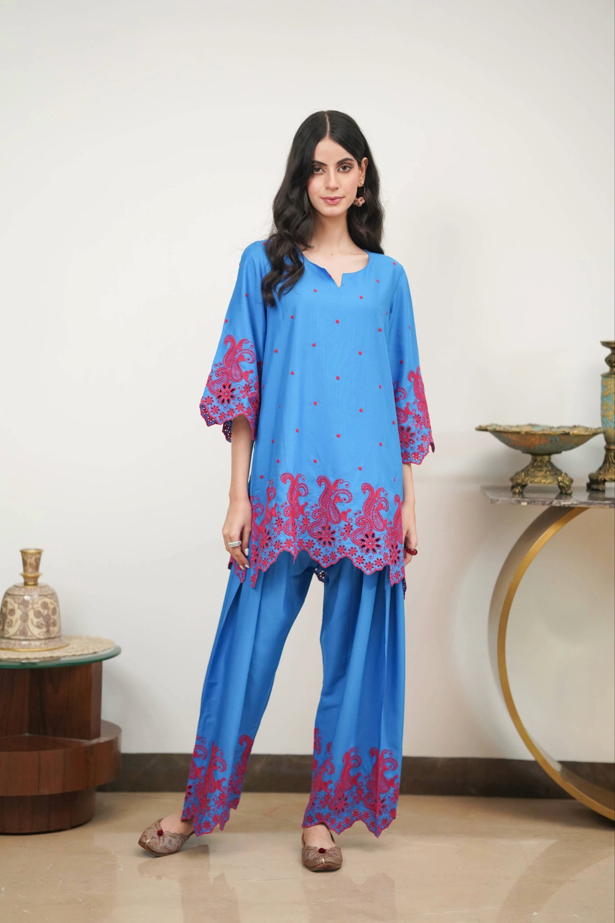 Electric Blue with Red Cut-Work Farshi Set