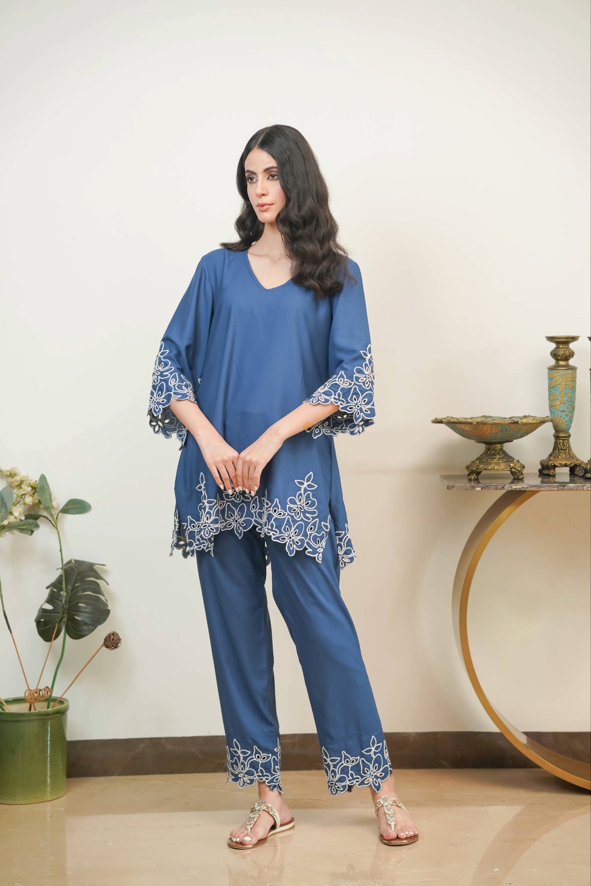 Prussian Blue Jasmine Cut-Work Set
