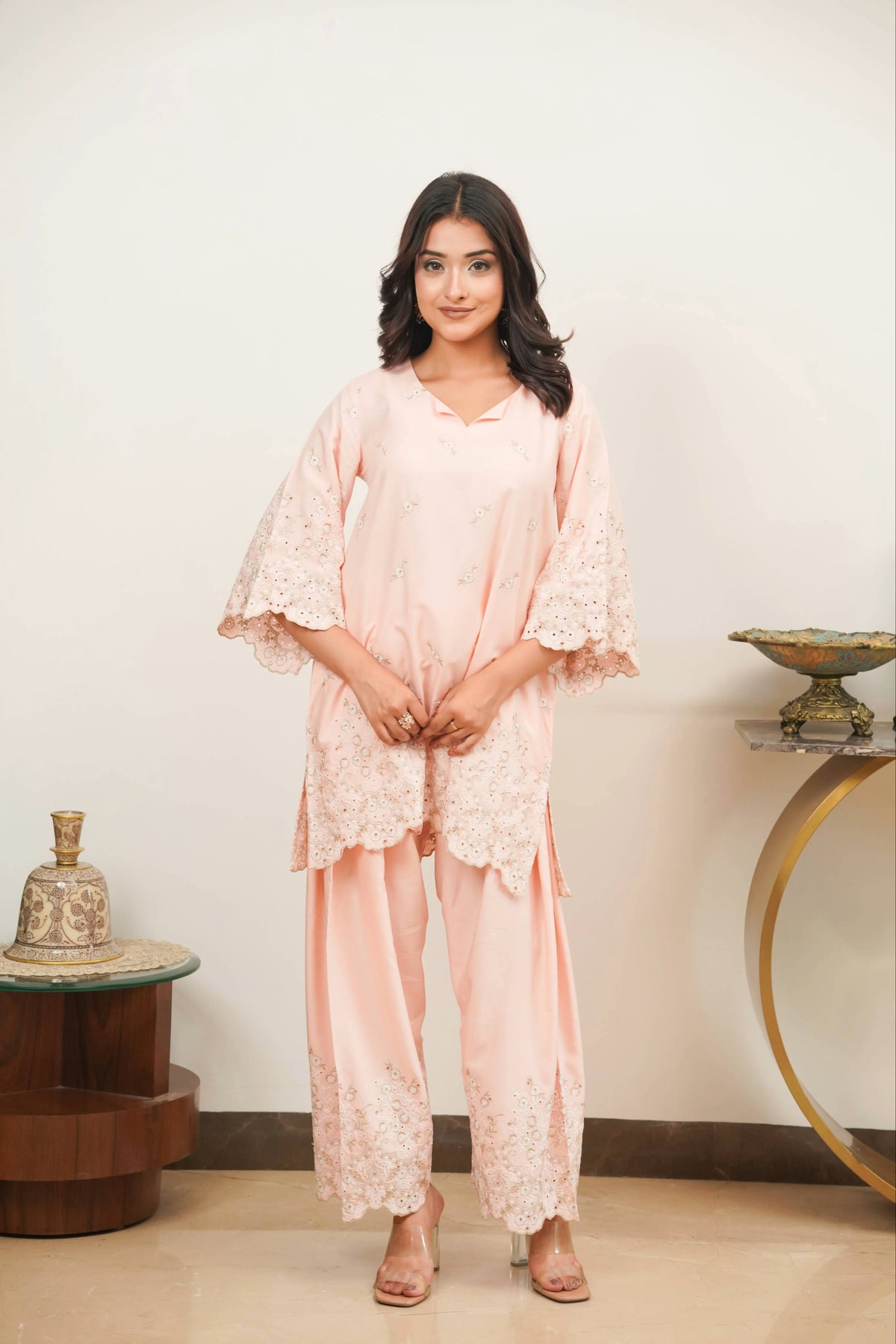 Peach Zari Cut-Work Farshi Set