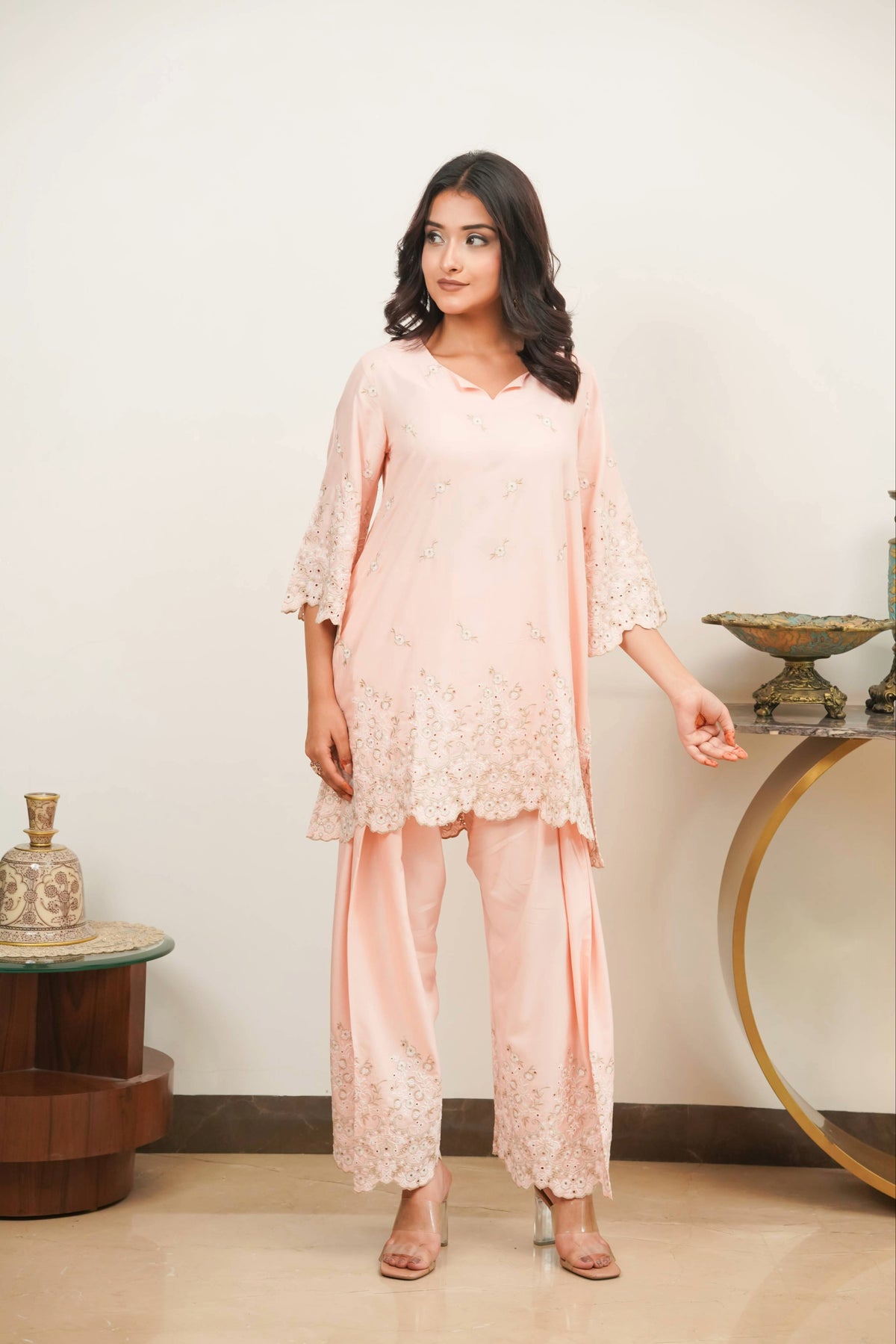 Peach Zari Cut-Work Farshi Set