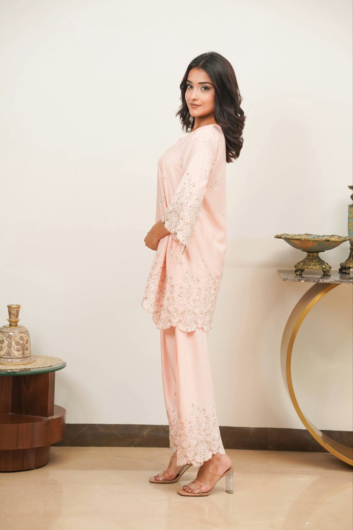 Peach Zari Cut-Work Farshi Set