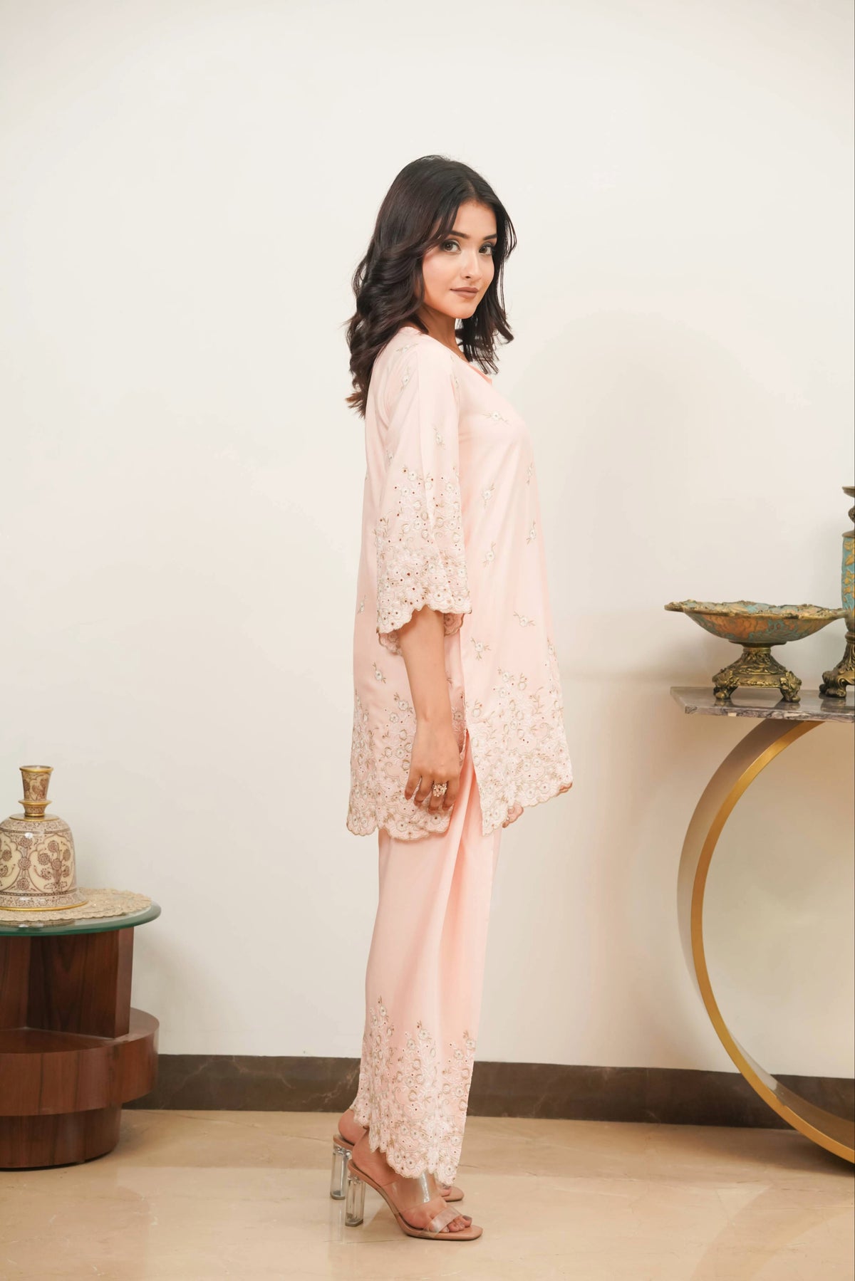 Peach Zari Cut-Work Farshi Set