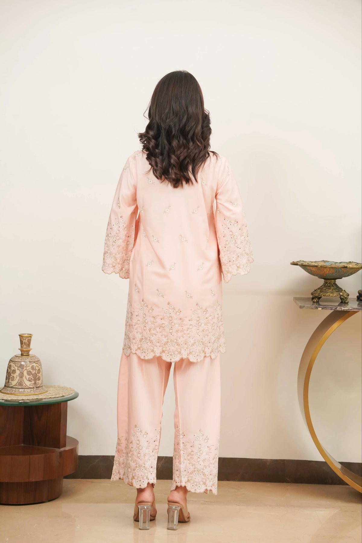 Peach Zari Cut-Work Farshi Set