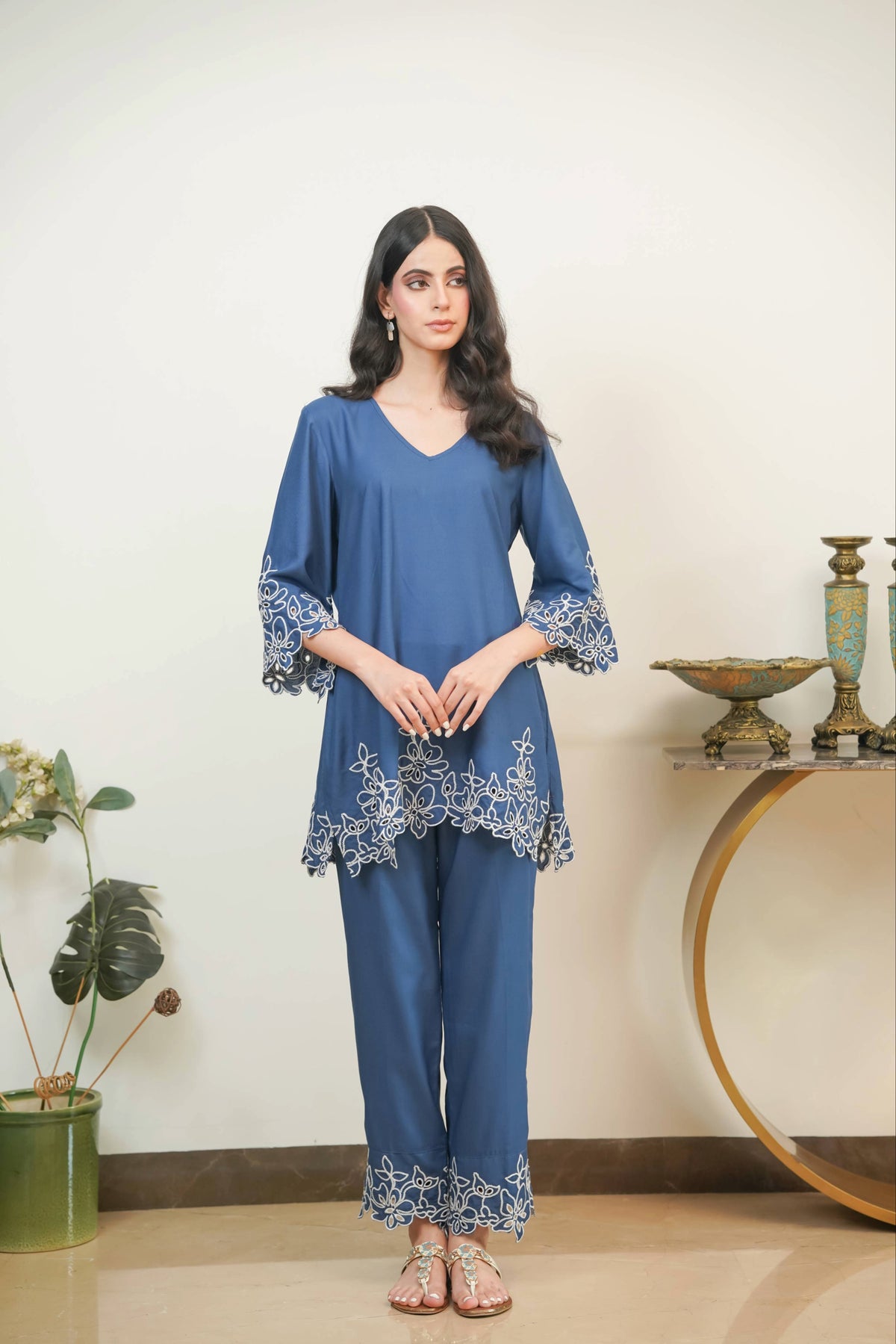 Prussian Blue Jasmine Cut-Work Set