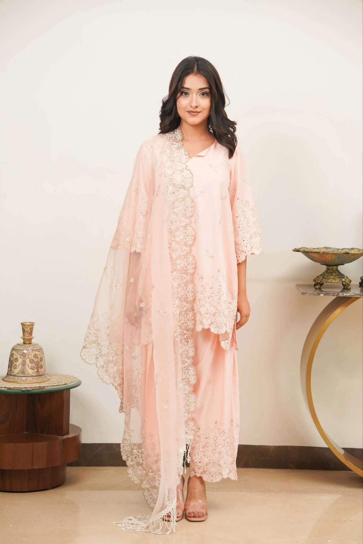 Peach Zari Cut-Work Farshi Set