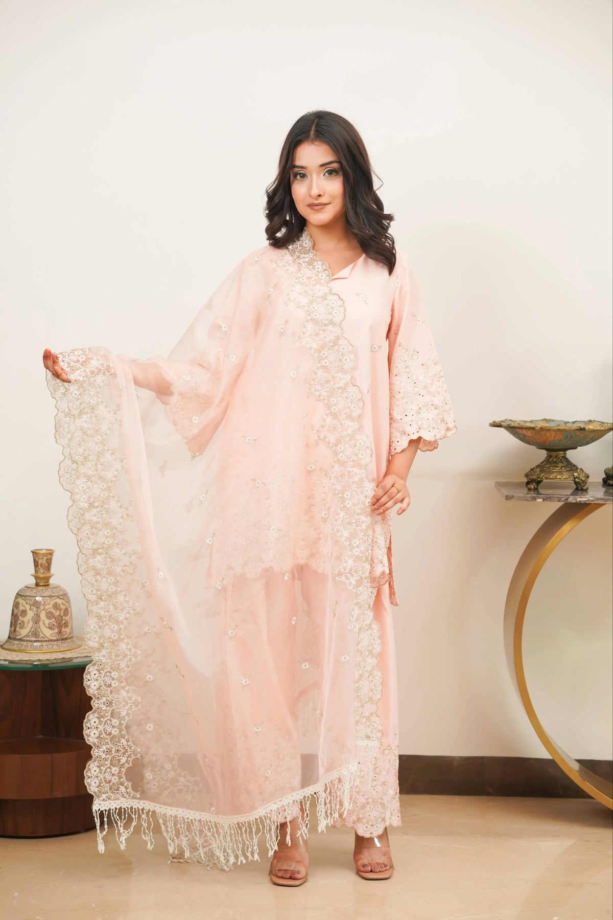 Peach Zari Cut-Work Farshi Set
