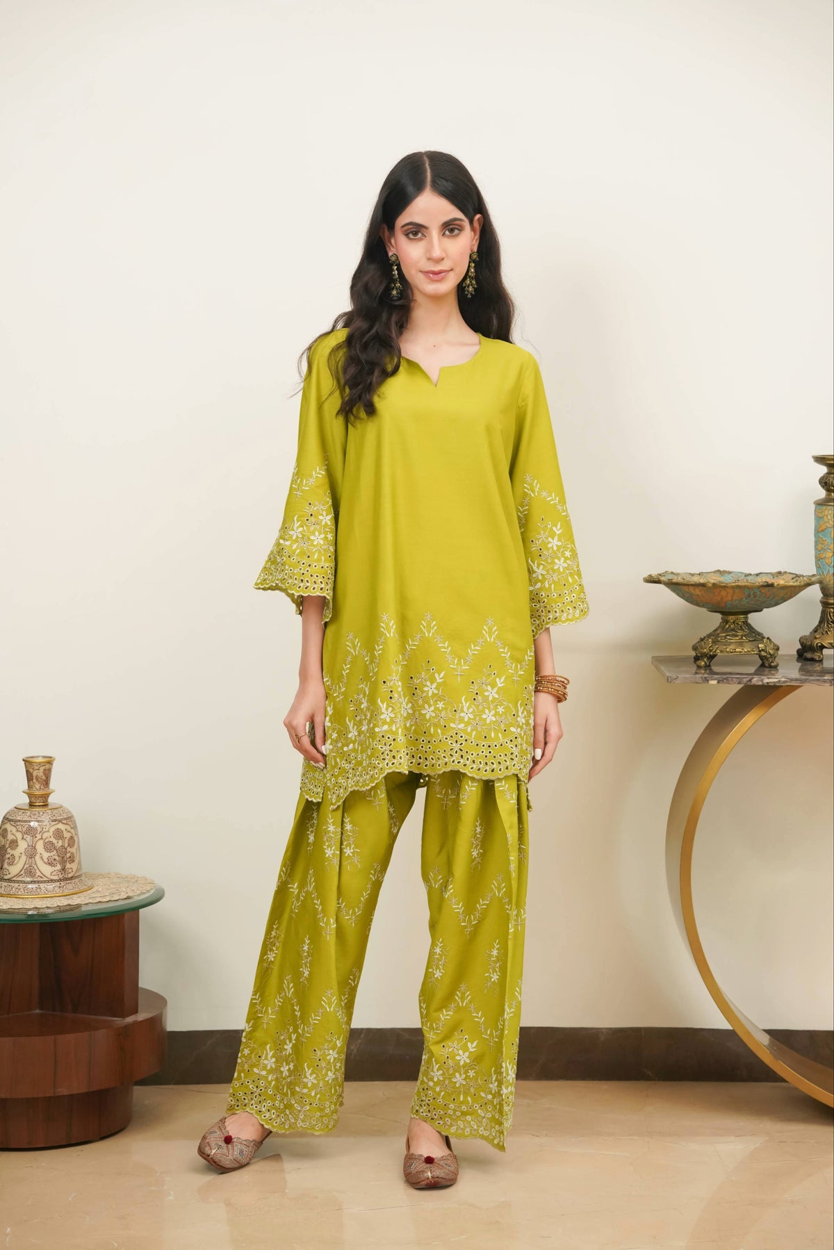 Lime Green Zari Cut-Work Farshi Set