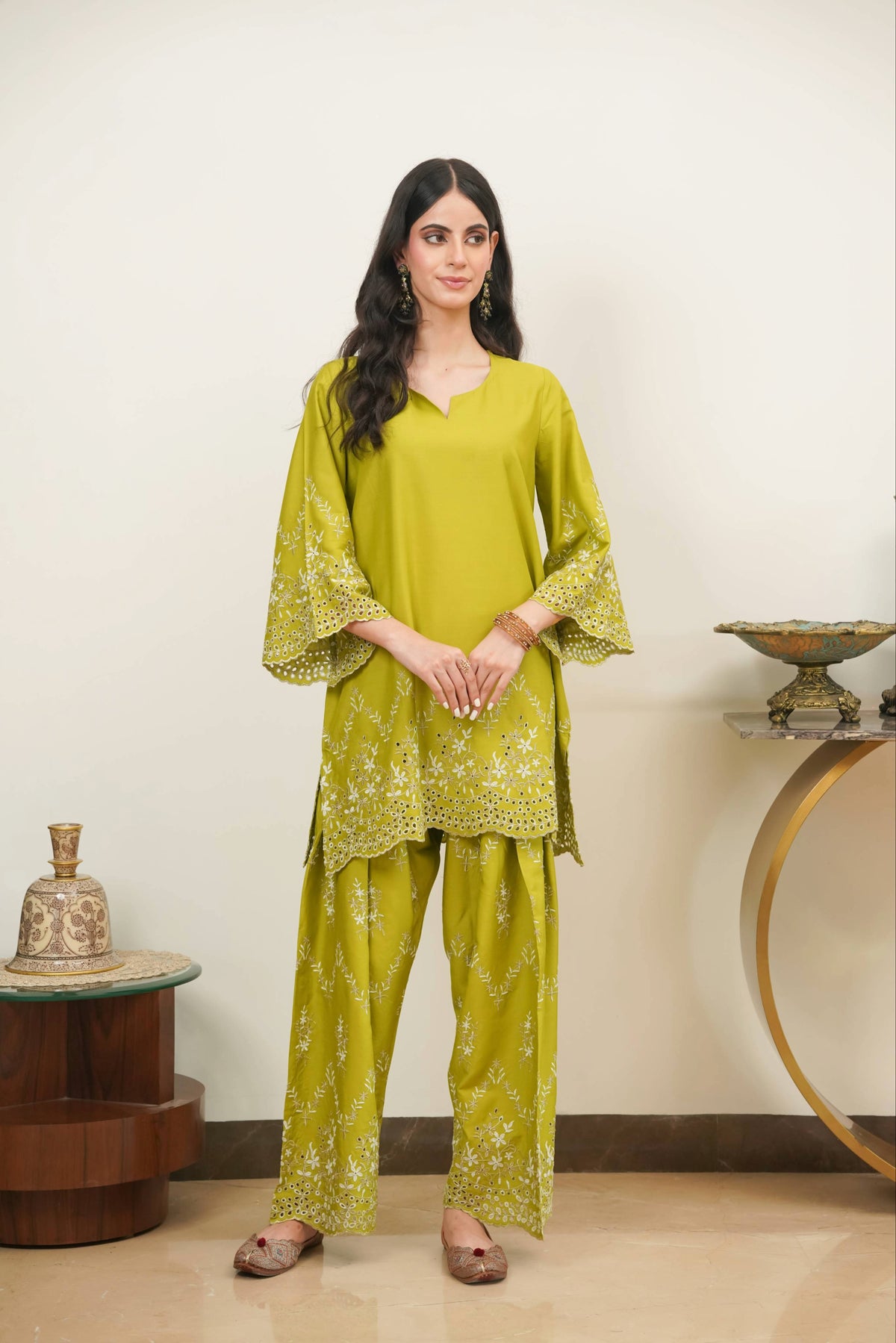Lime Green Zari Cut-Work Farshi Set