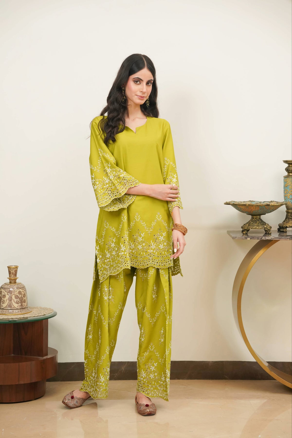 Lime Green Zari Cut-Work Farshi Set