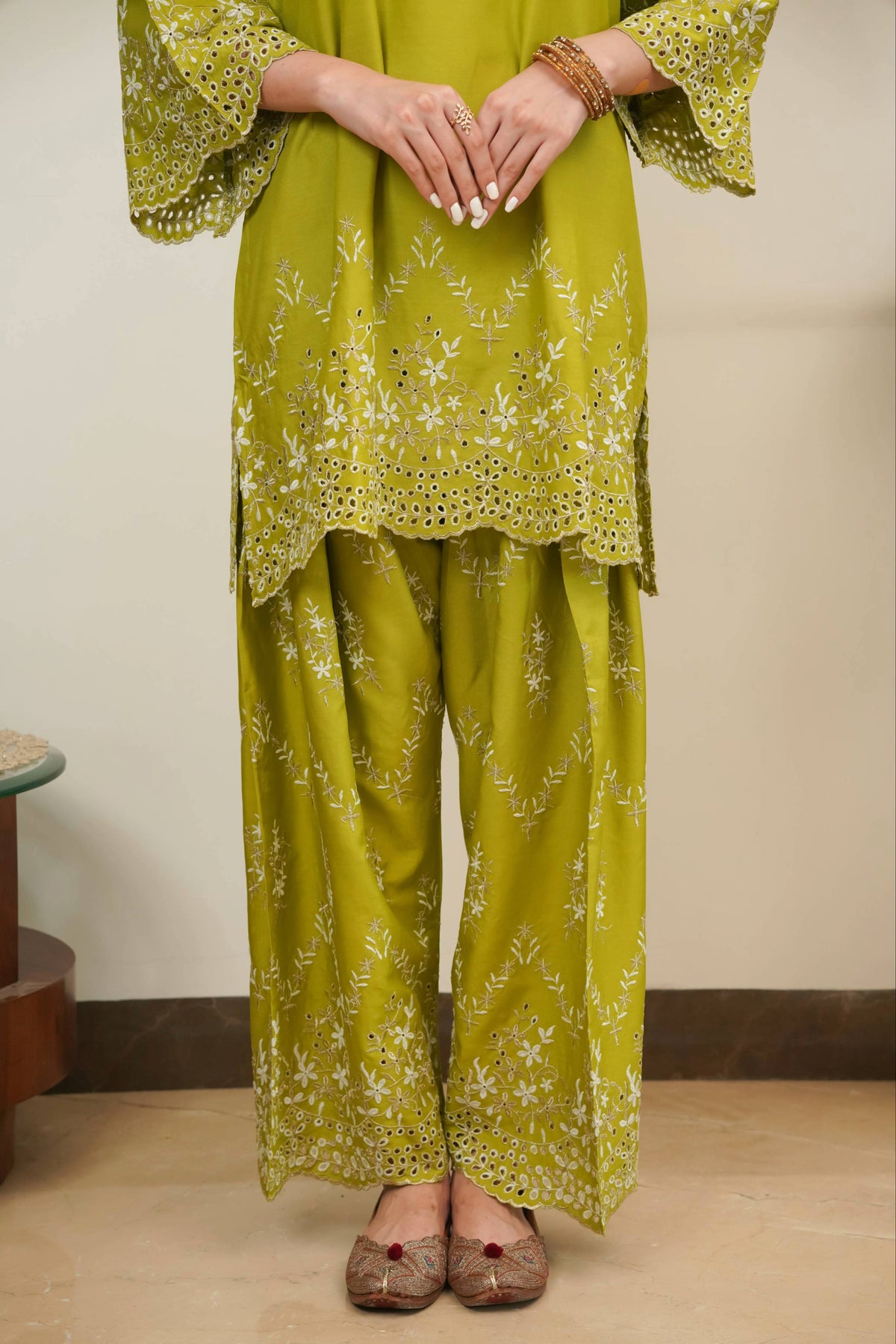Lime Green Zari Cut-Work Farshi Set