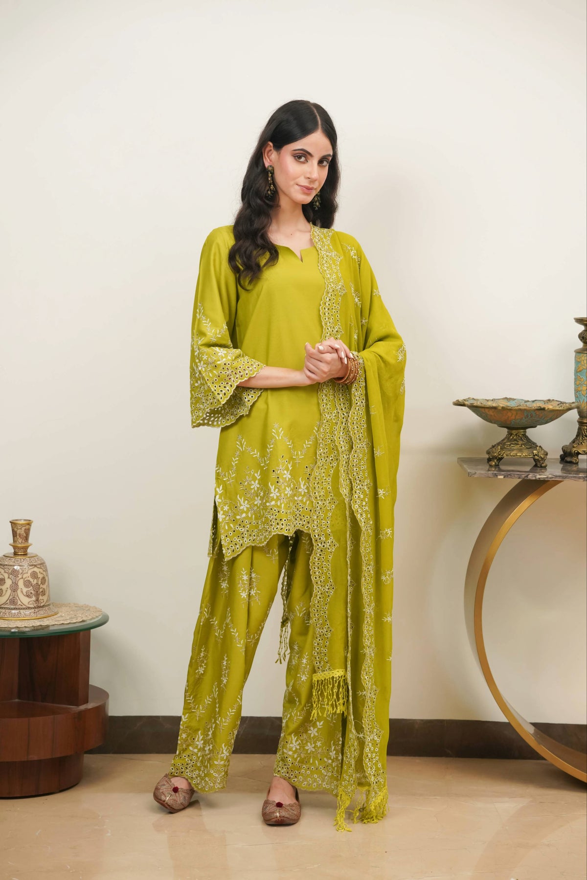 Lime Green Zari Cut-Work Farshi Set
