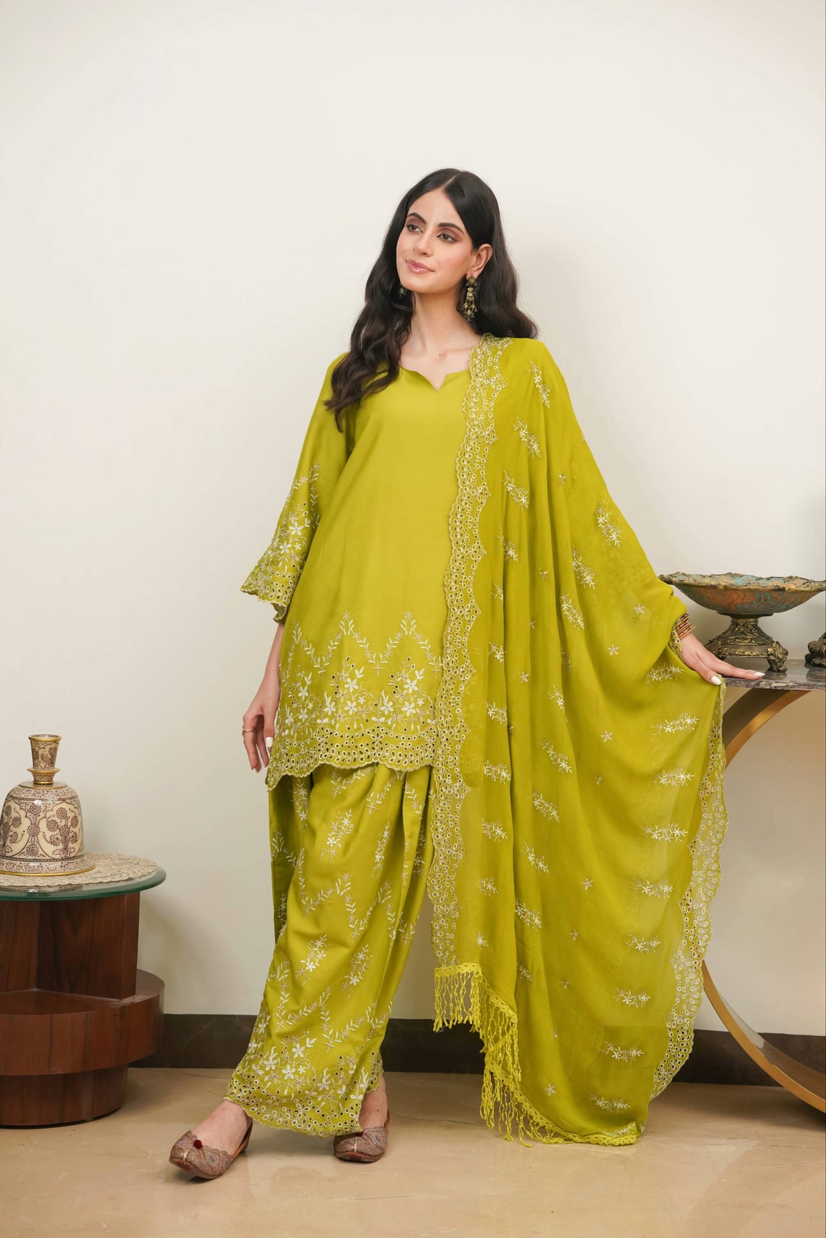 Lime Green Zari Cut-Work Farshi Set