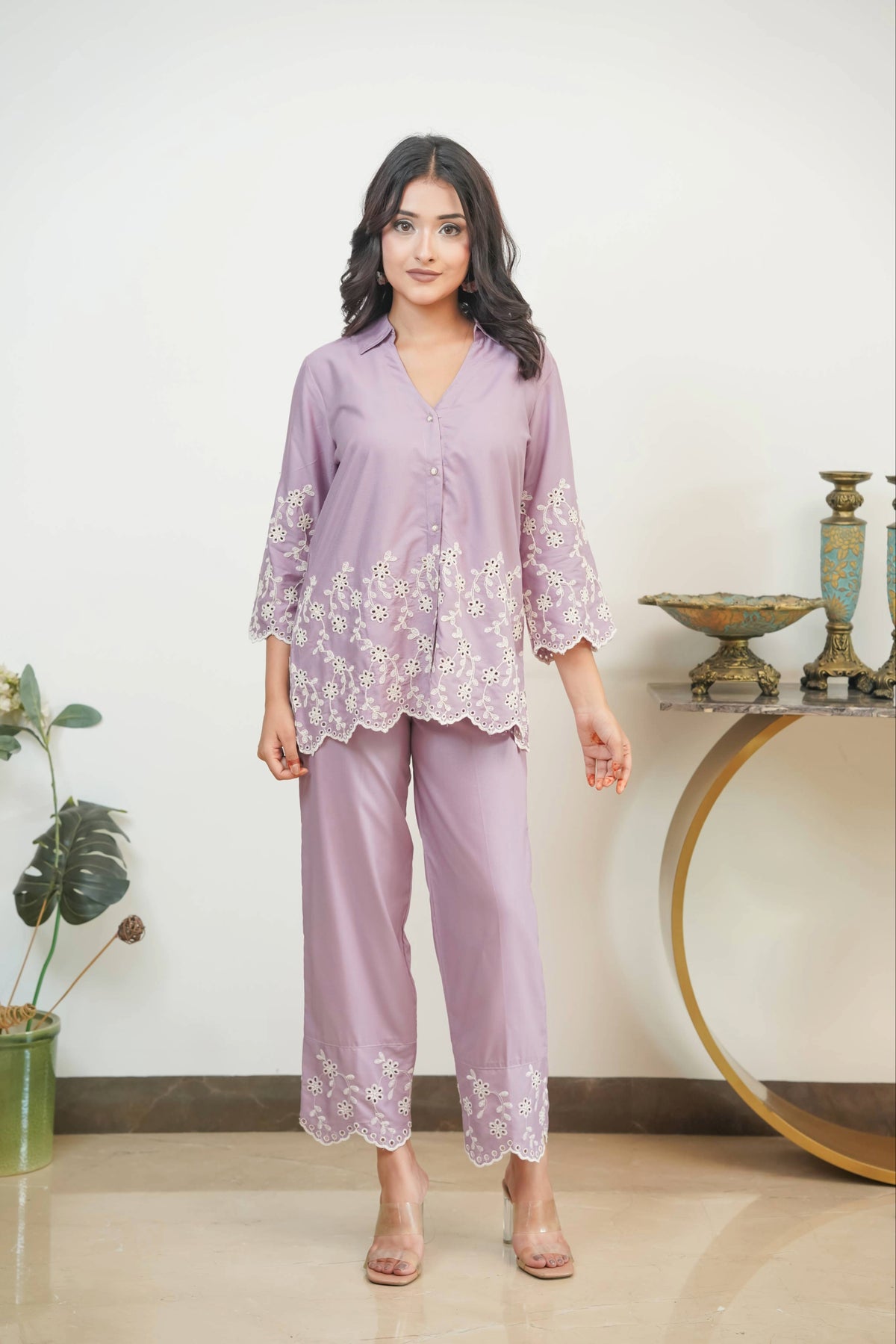 Mauve Cording Cut-Work Set