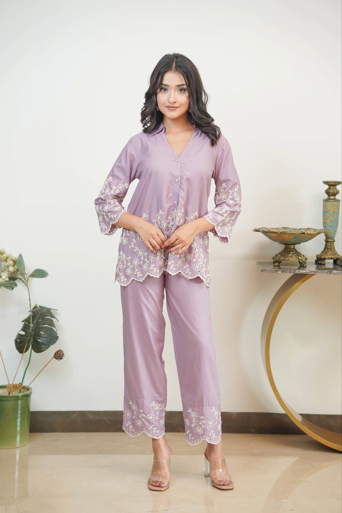 Mauve Cording Cut-Work Set