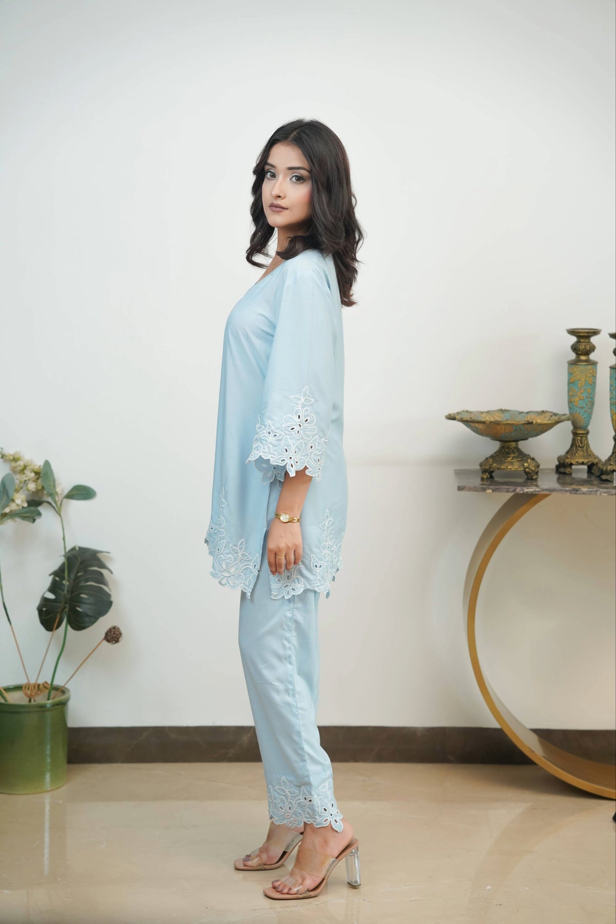 Powder Blue Jasmine Cut-Work Co-ord Set