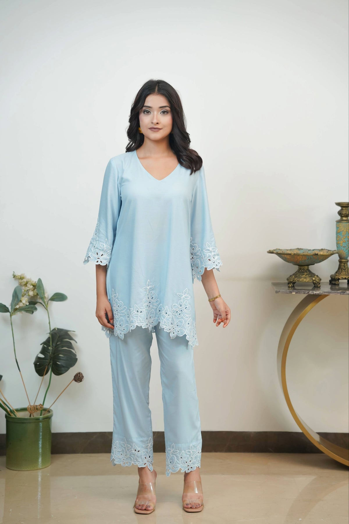 Powder Blue Jasmine Cut-Work Co-ord Set