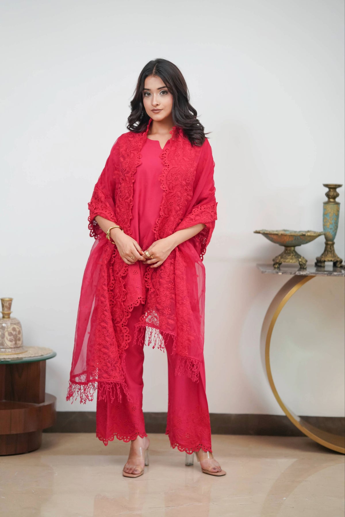 Crimson on Crimson Cut-Work Farshi Set