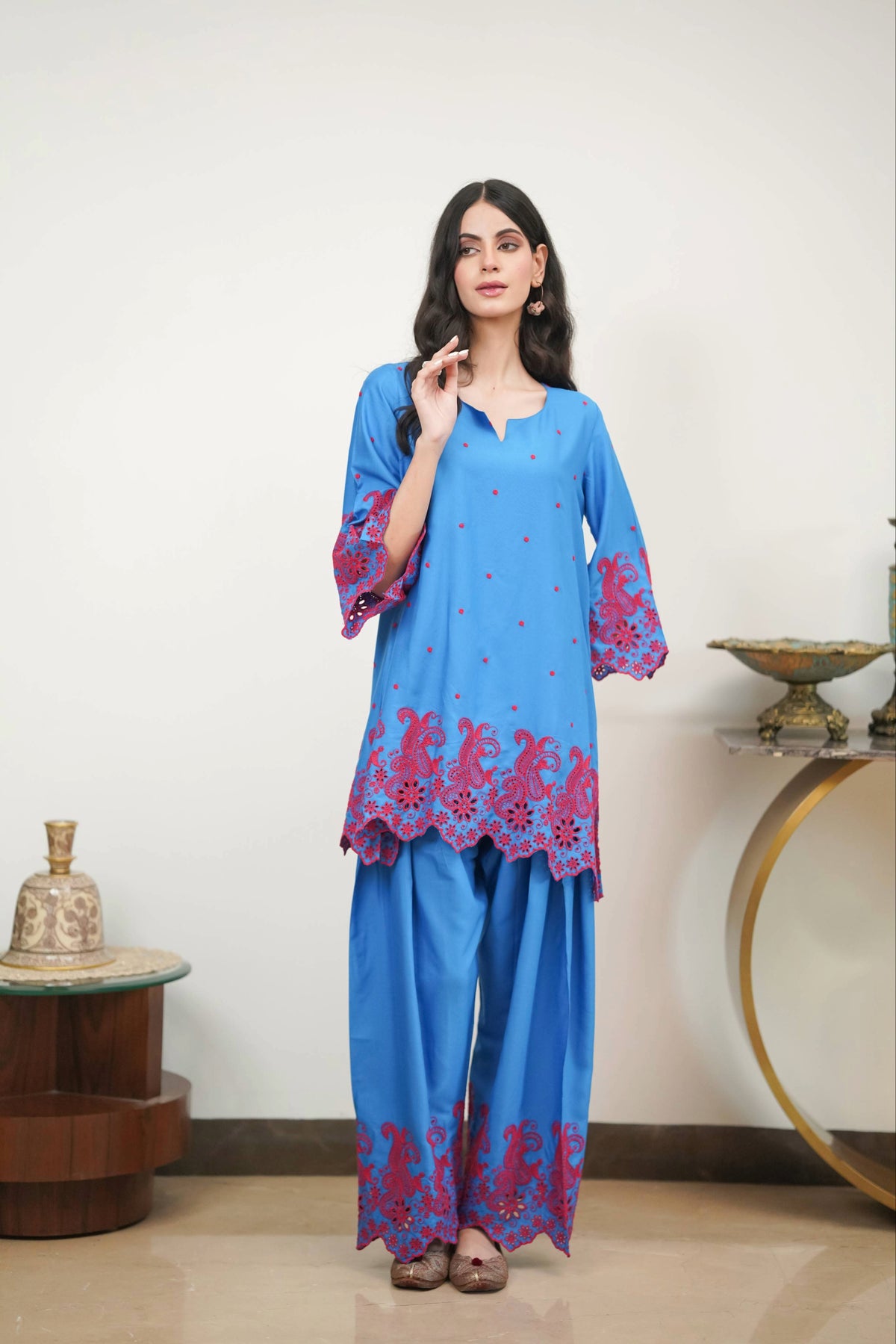 Electric Blue with Red Cut-Work Farshi Set