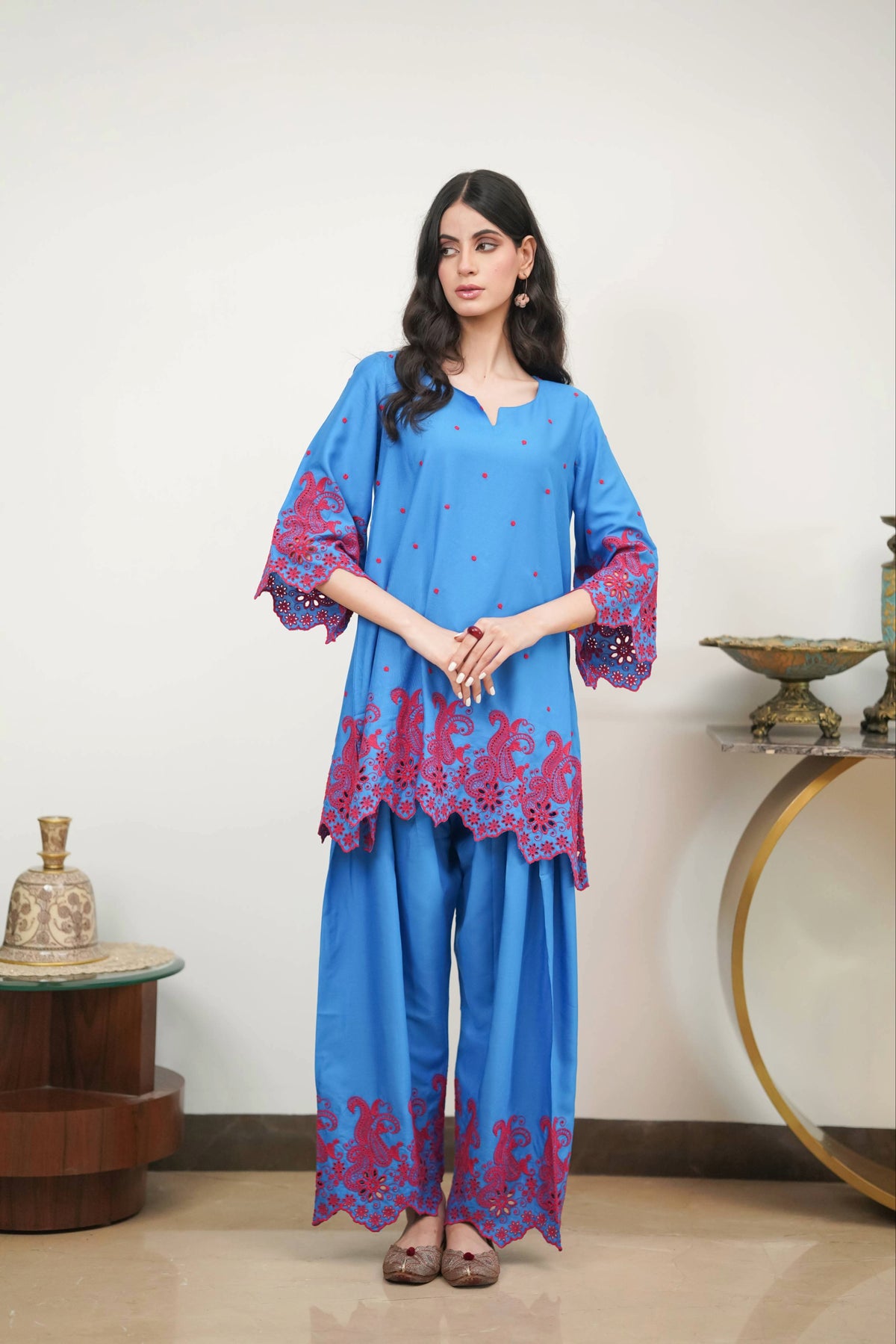 Electric Blue with Red Cut-Work Farshi Set