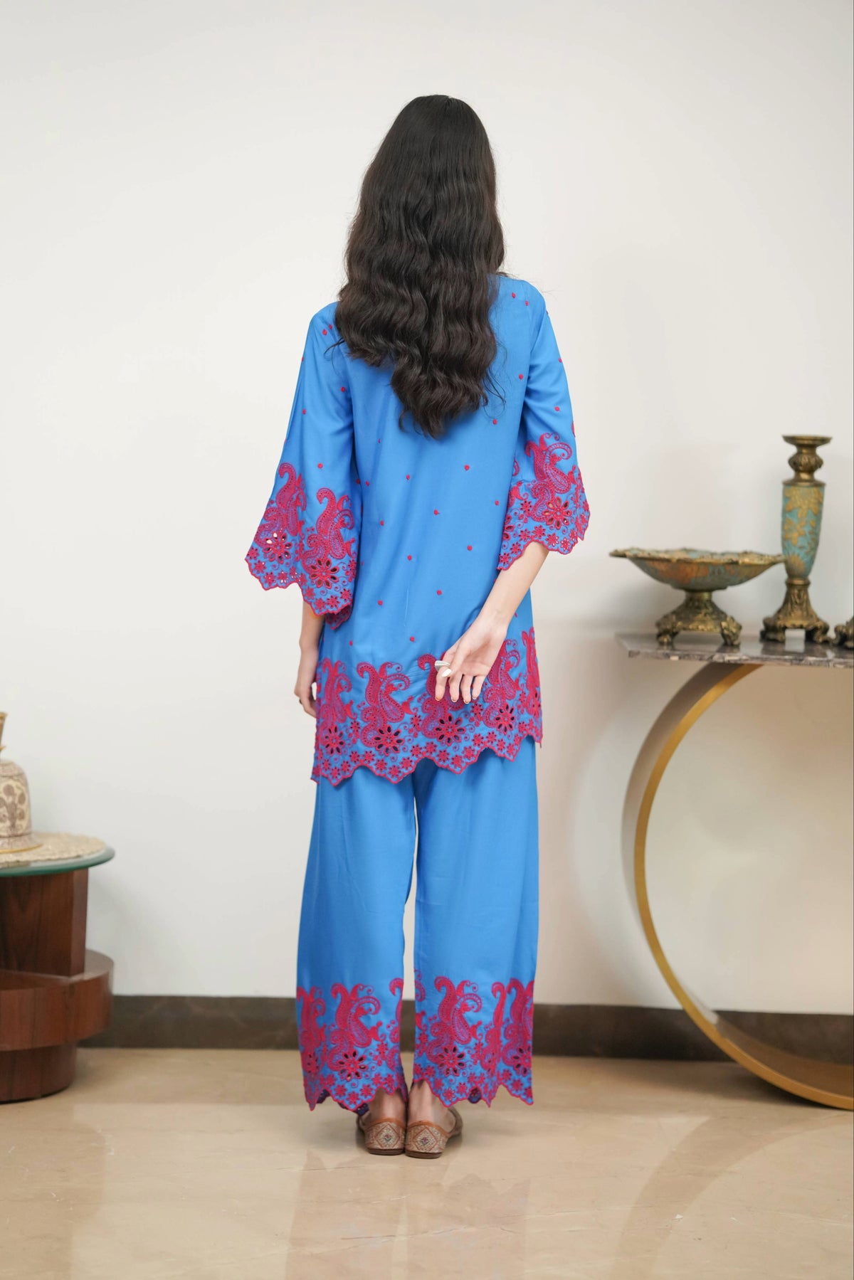 Electric Blue with Red Cut-Work Farshi Set