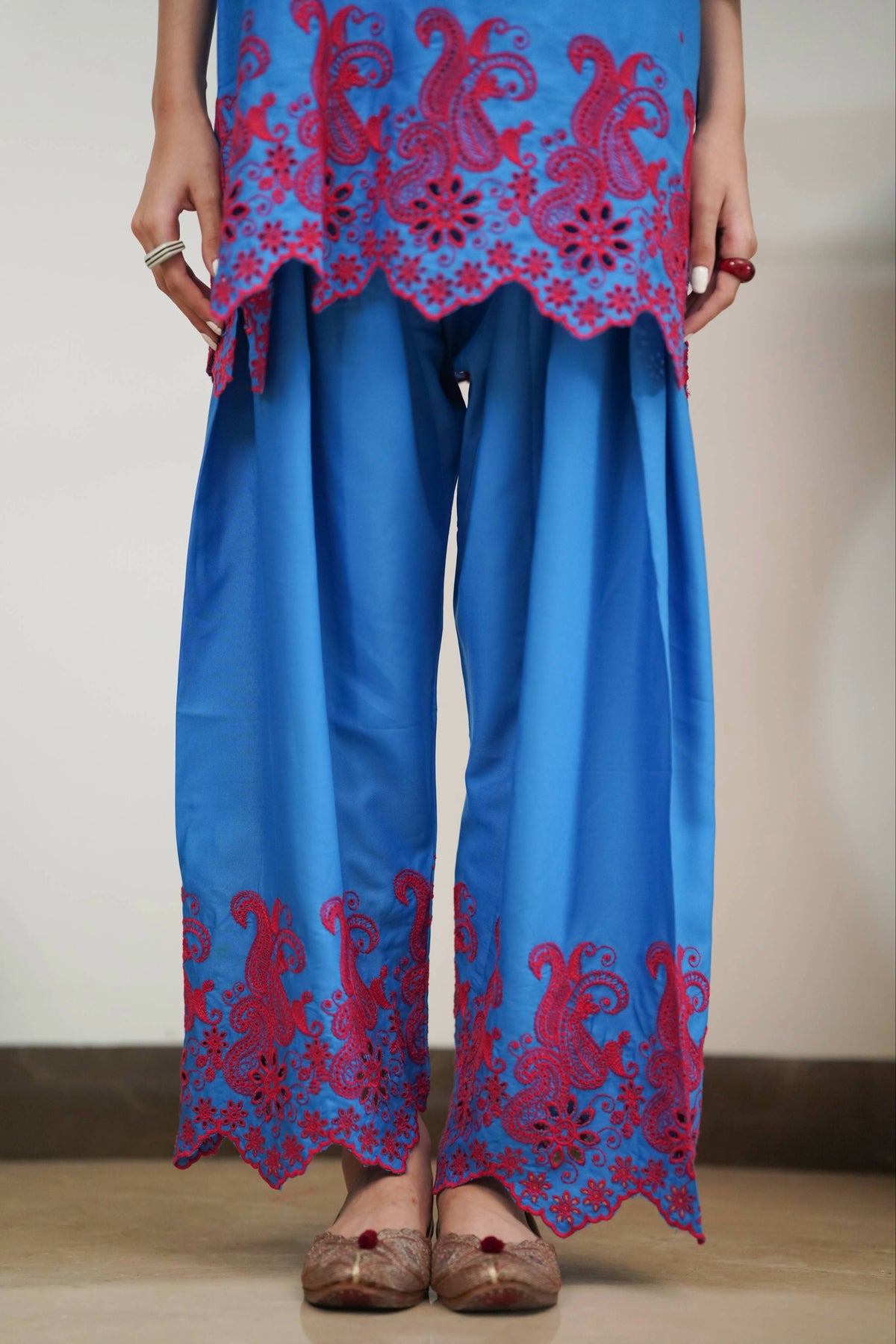 Electric Blue with Red Cut-Work Farshi Set