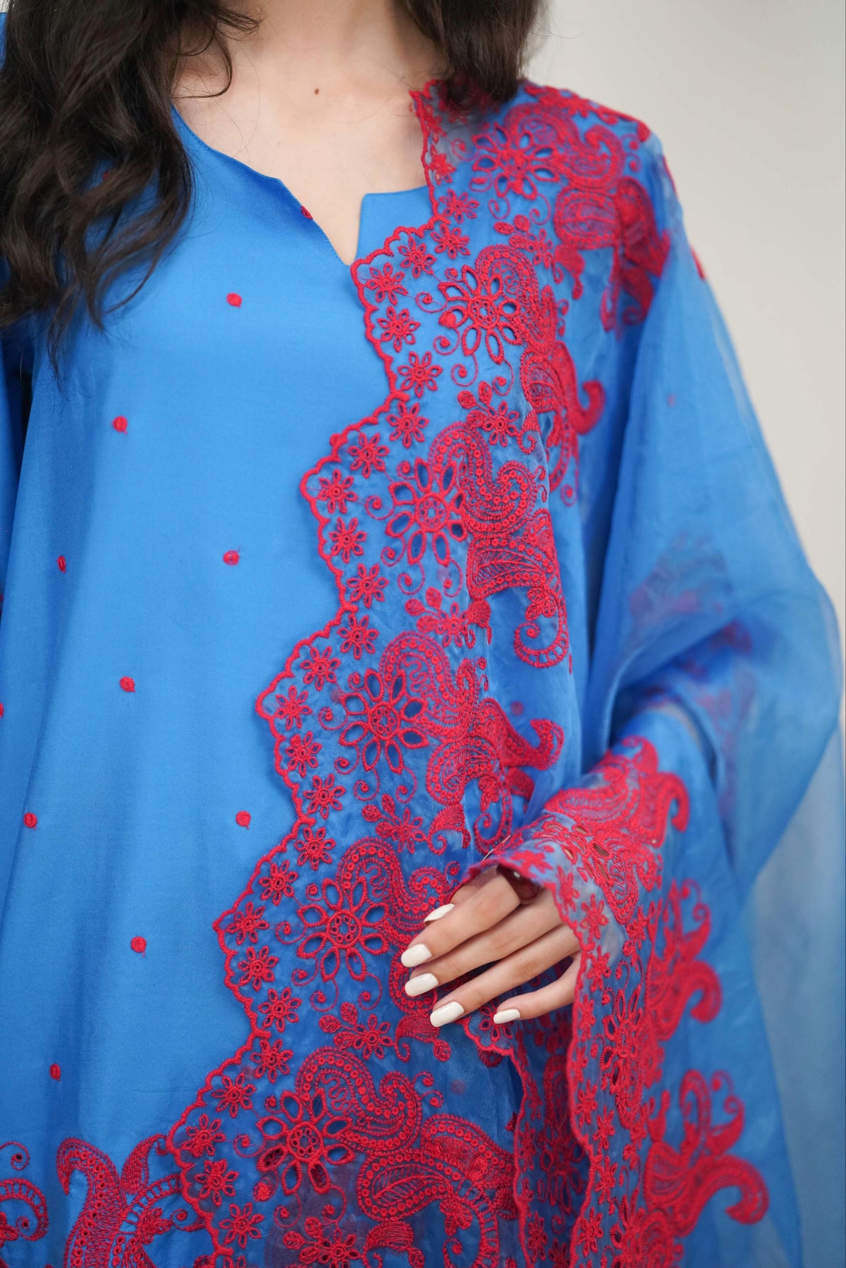 Electric Blue with Red Cut-Work Farshi Set