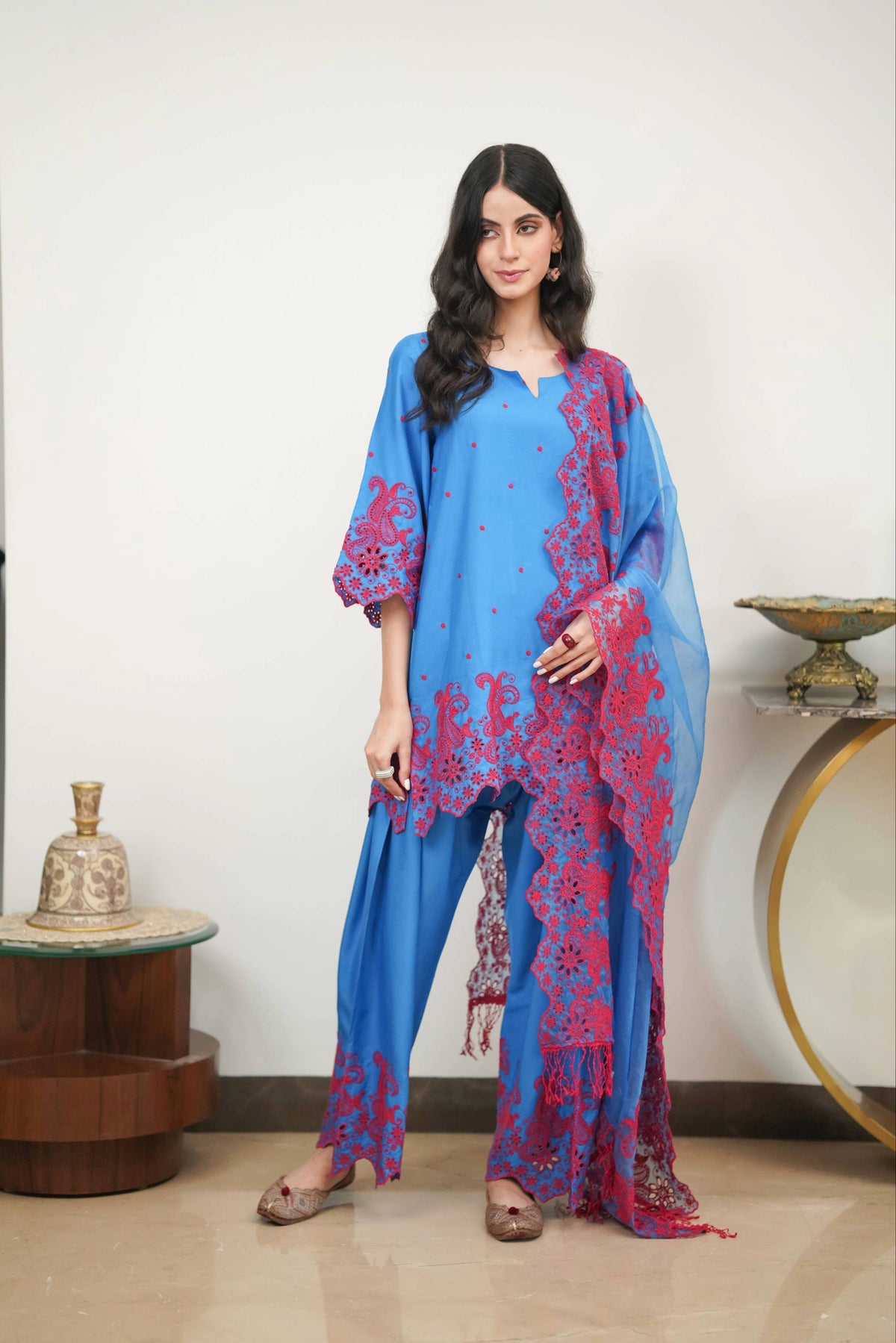 Electric Blue with Red Cut-Work Farshi Set